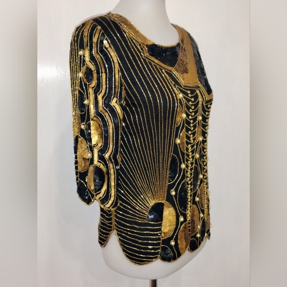 ART DECO GOLD AND BLACK SEQUIN TOP - Picture 2 of 12
